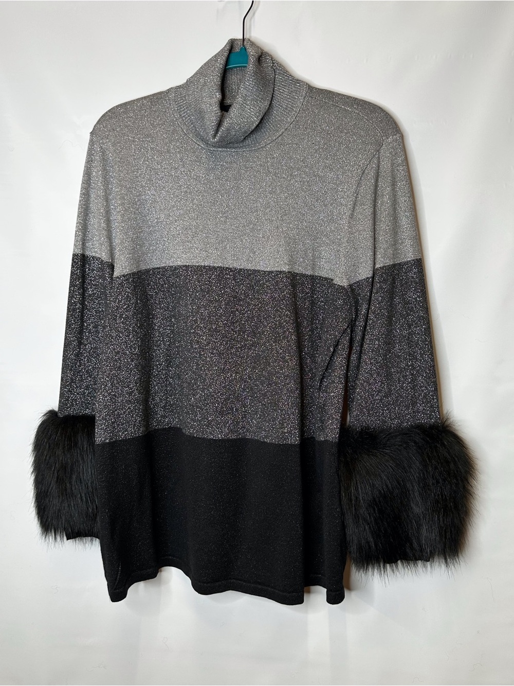 Metallic Gray & Black Turtleneck Sweater with Faux Fur Cuffs